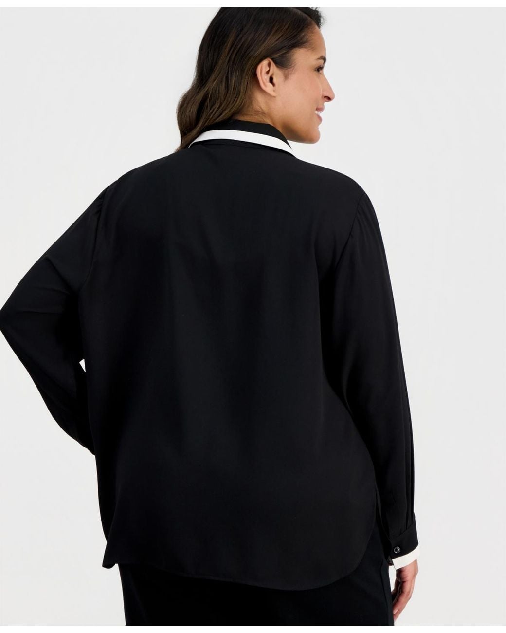 Anne Klein Black Plus Size Spread-collar Button-front Blouse