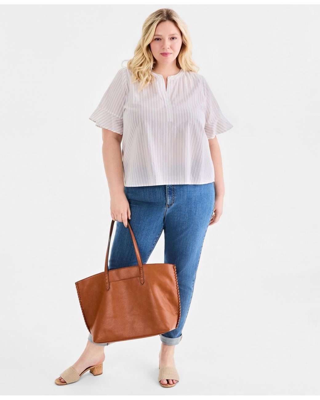 Style & Co. White Plus Size Striped Cotton Split-neck Popover Top