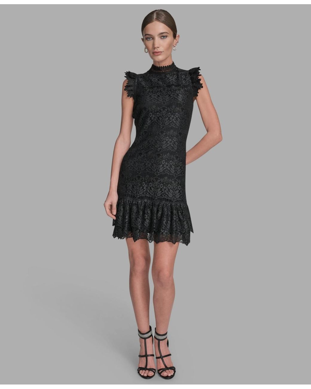 BCBGMAXAZRIA Floral Lace Ruffle Hem Shift Dress in Black | Lyst