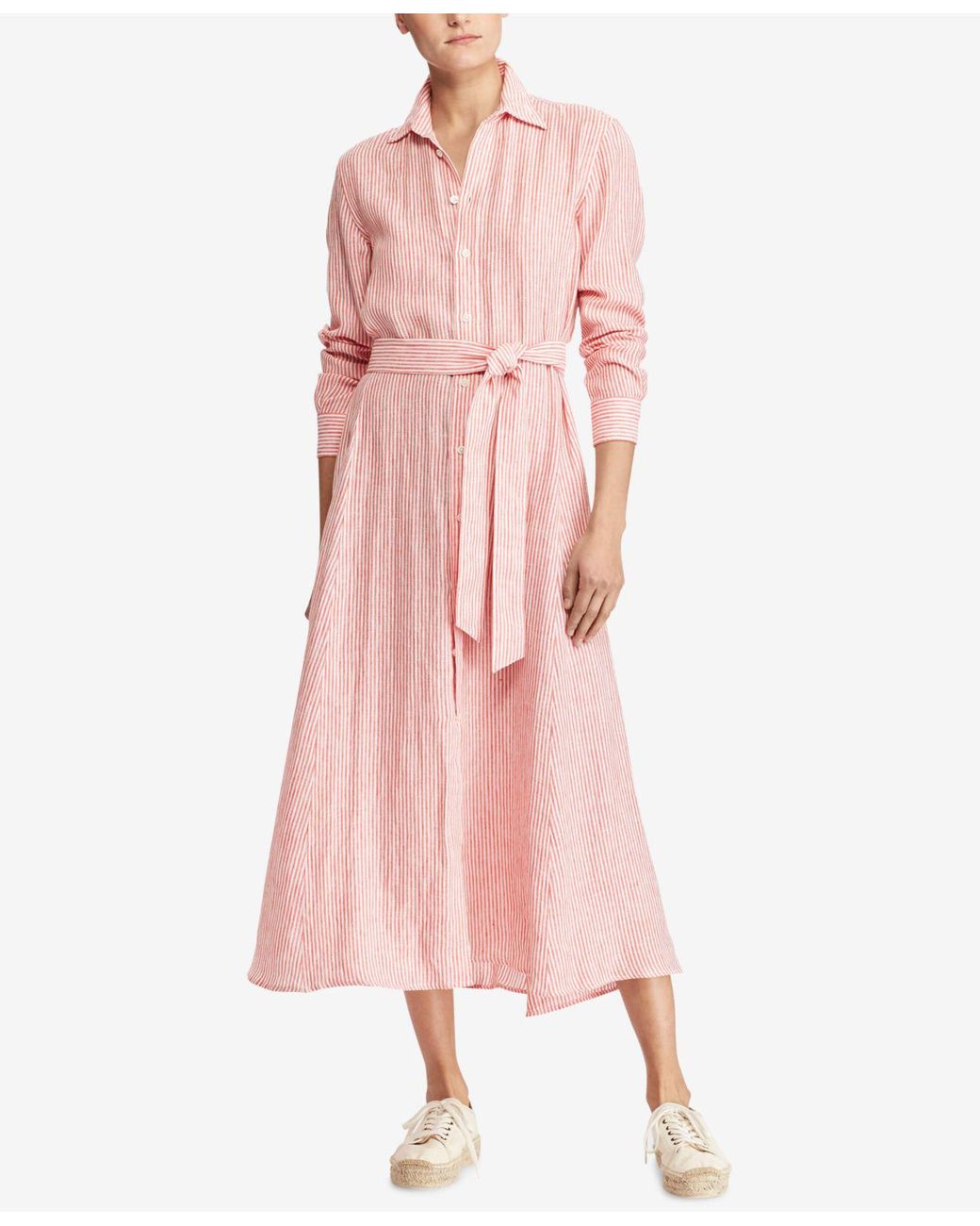 Polo Ralph Lauren Striped Linen Shirtdress in Red/White (Pink) | Lyst