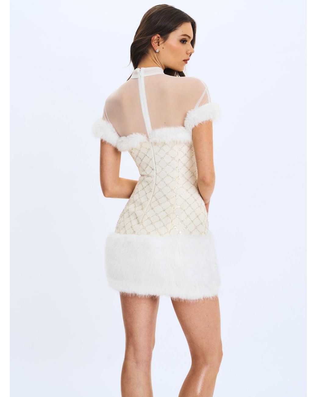 Miss Circle Taylor Ivory Fur Trimmed Beaded Boucle Mini Dress in White ...