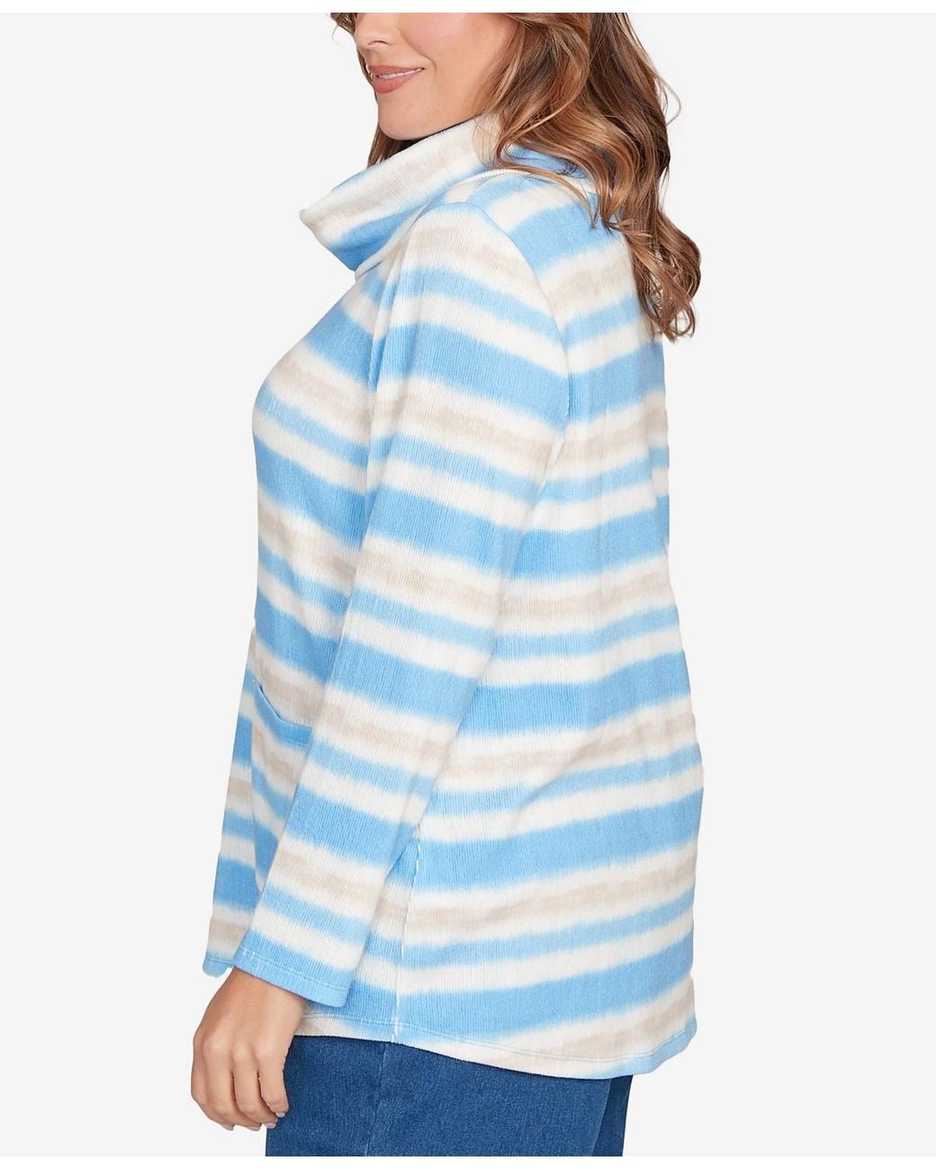 Ruby Rd Blue Plus Size Ribbed Stripe Patch Pocket Knit Top