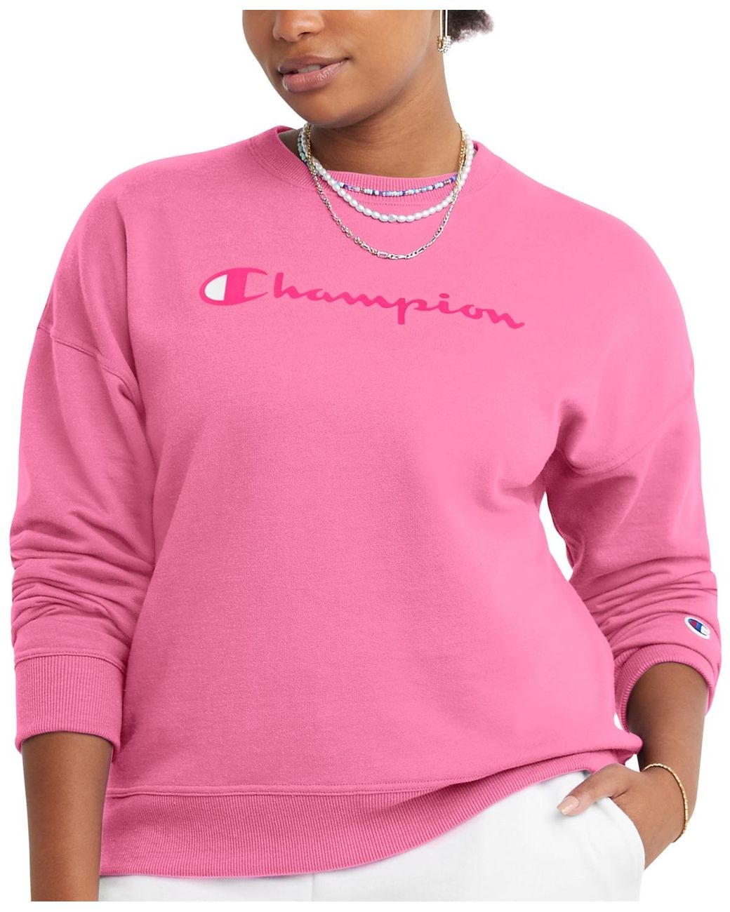 vogn Beliggenhed ugyldig Champion Logo Fleece Crewneck Sweatshirt in Pink | Lyst