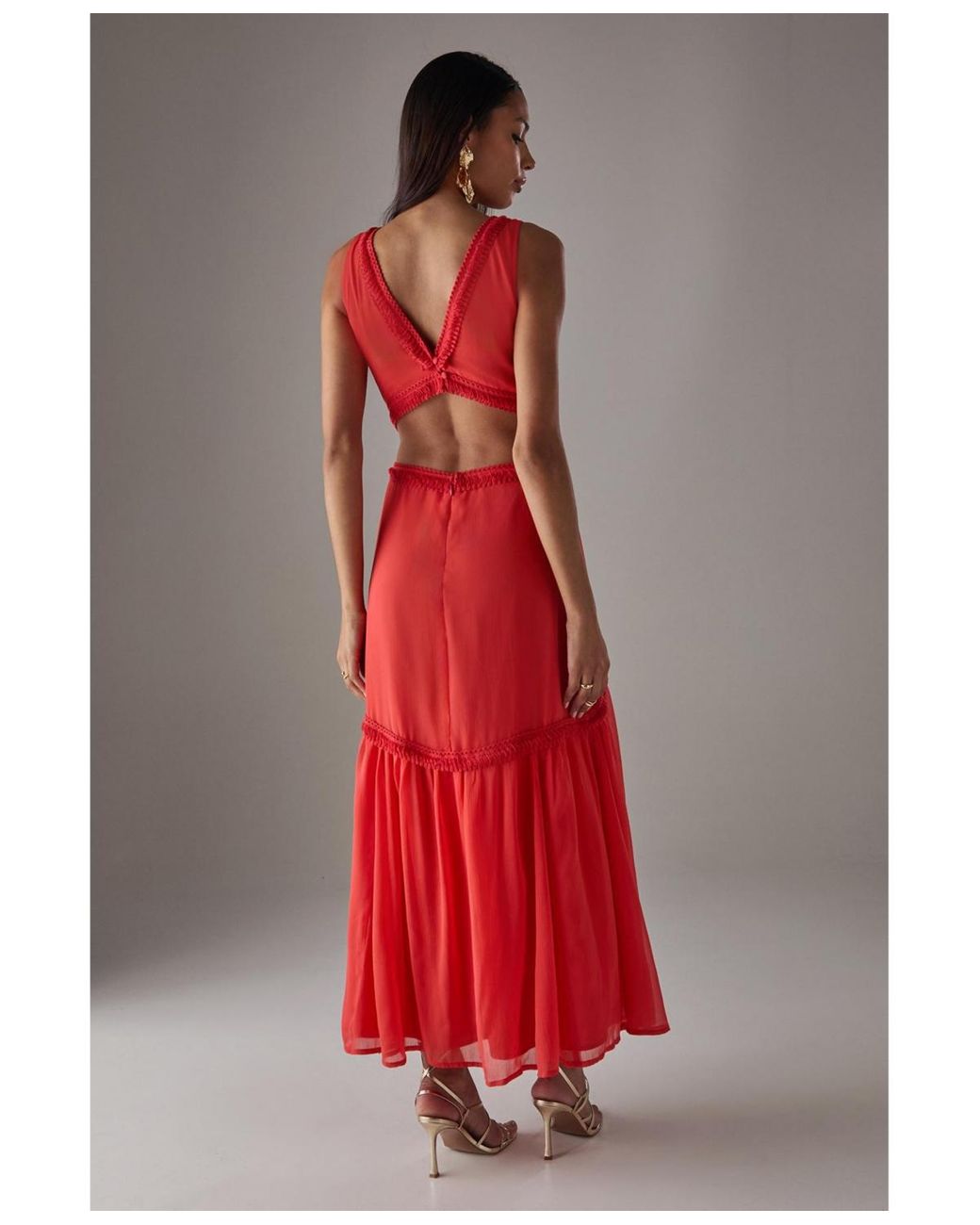 Warehouse Red Chiffon Fringe Trim Cut Out Maxi Dress