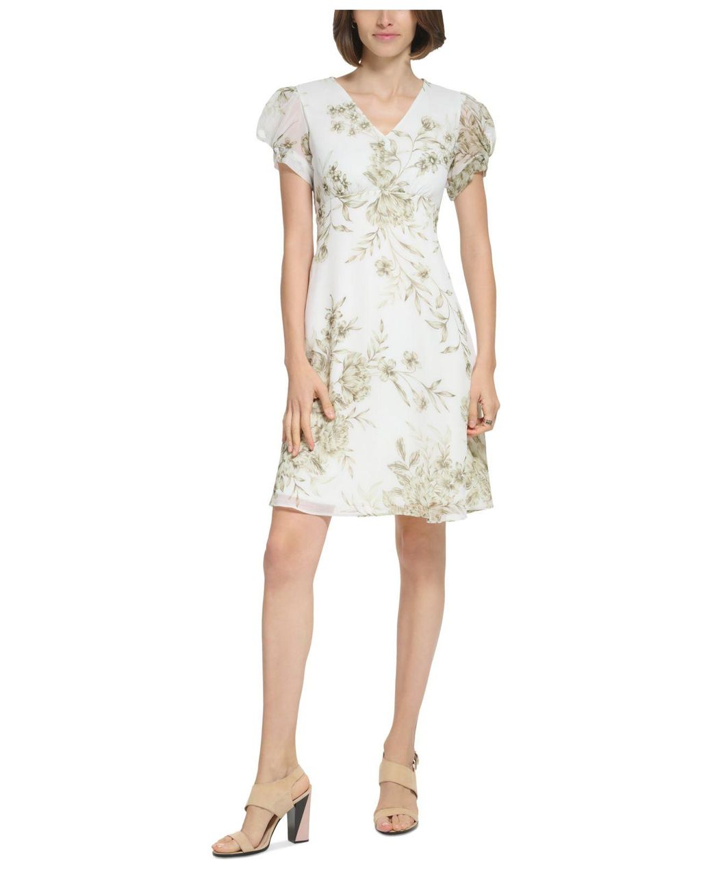 Calvin Klein Floral-print Tulip-sleeve A-line Dress in White | Lyst
