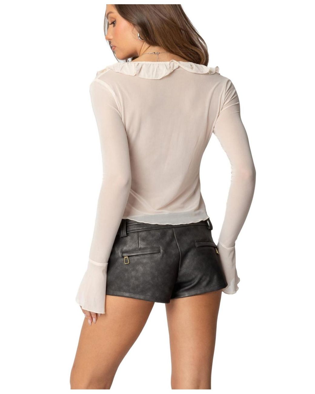 Edikted Natural Sheer Mesh Ruffled Top