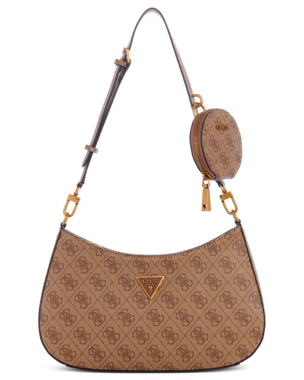 guess alexie top zip shoulder bag brown logo