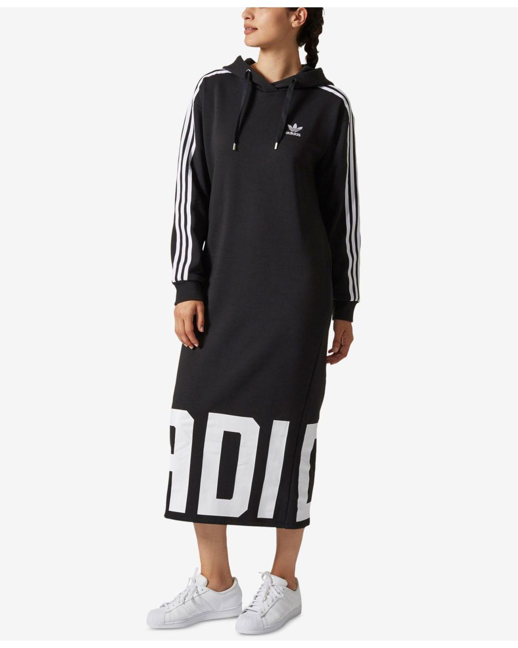 adidas Originals Cotton Midi Hoodie Dress in Black | Lyst