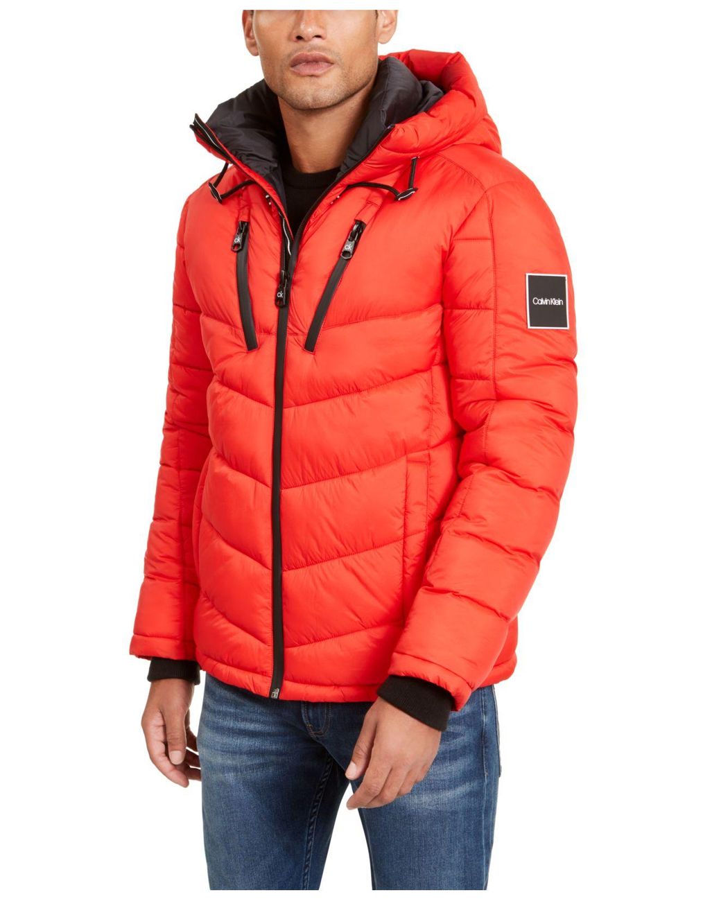 Calvin Klein Synthetic Neon Puffer With Hood, Created For Macy's in Neon Red (Red) for Men - Lyst