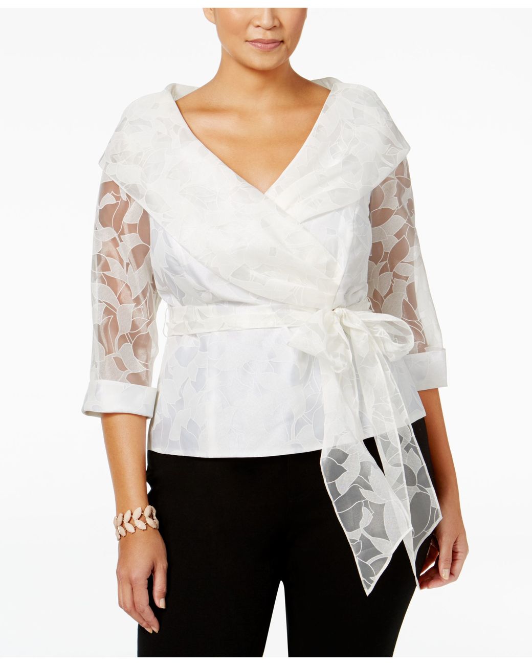 Alex Evenings Plus Size Belted Portrait collar Wrap Blouse in White