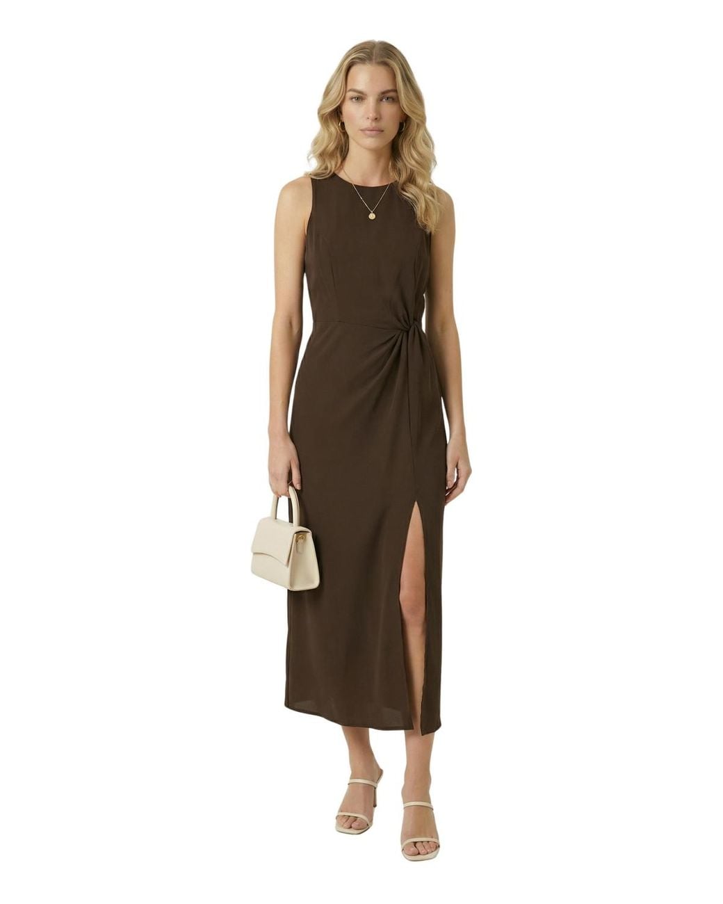 Micro Slit Modenaire Sleeveless Twist-detail Front-slit Midi Dress in Brown | Lyst