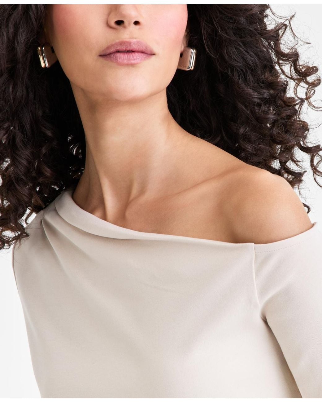 INC International Concepts White Long Sleeve Off-the-shoulder Knit Top