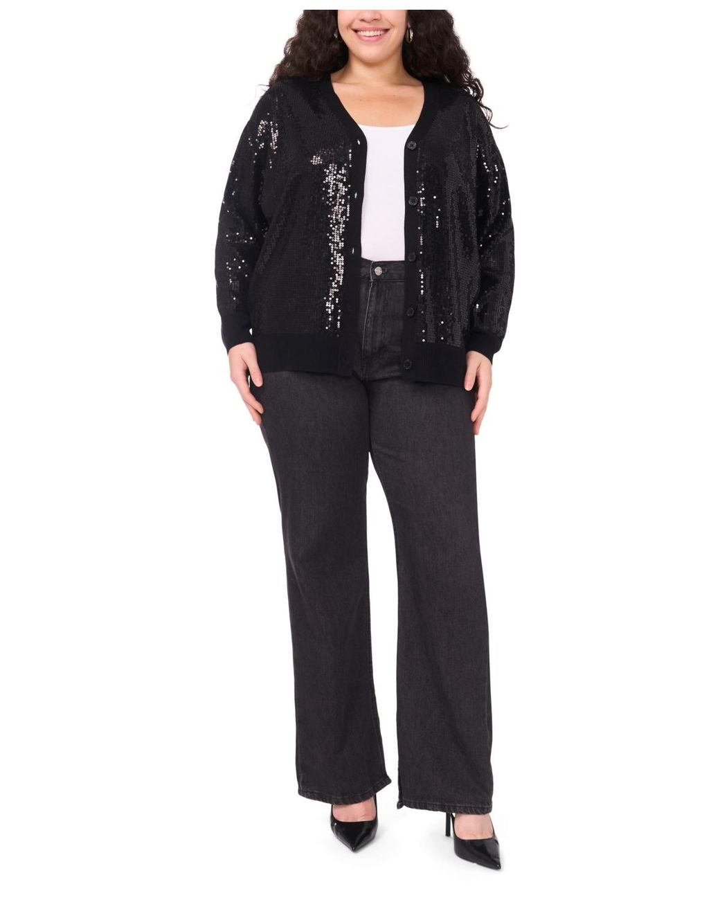 Vince Camuto Black Plus Size Sequined V-neck Cardigan Sweater