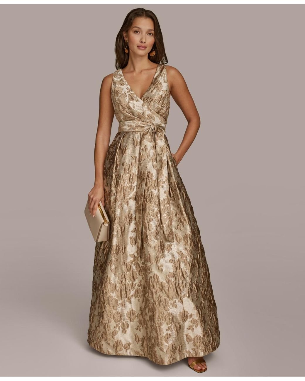 Donna Karan Surplice-neck Tie-waist Gown in Brown | Lyst