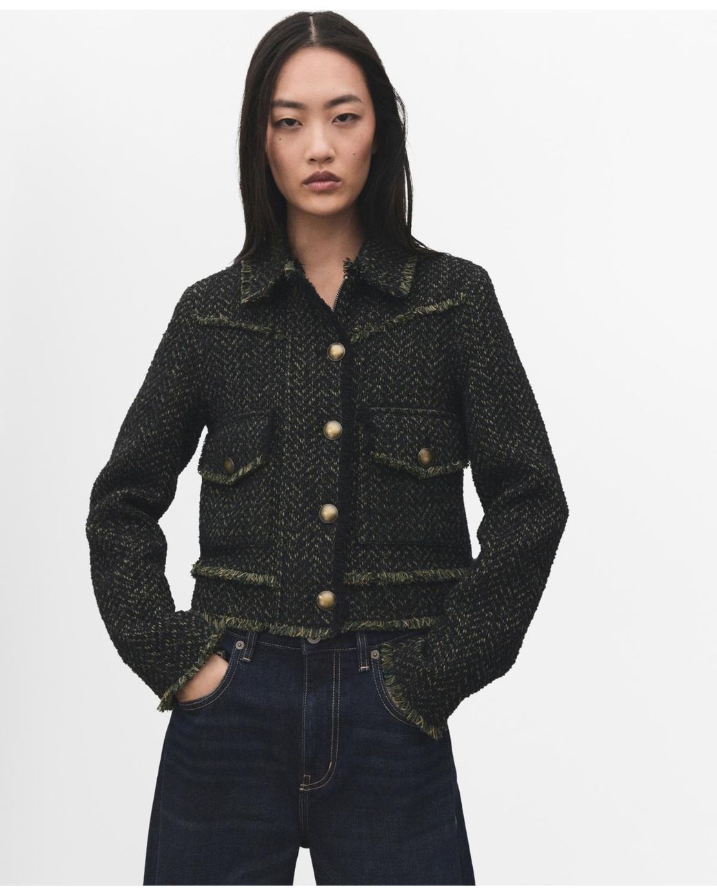 Mango Black Lapel Collar Tweed Jacket