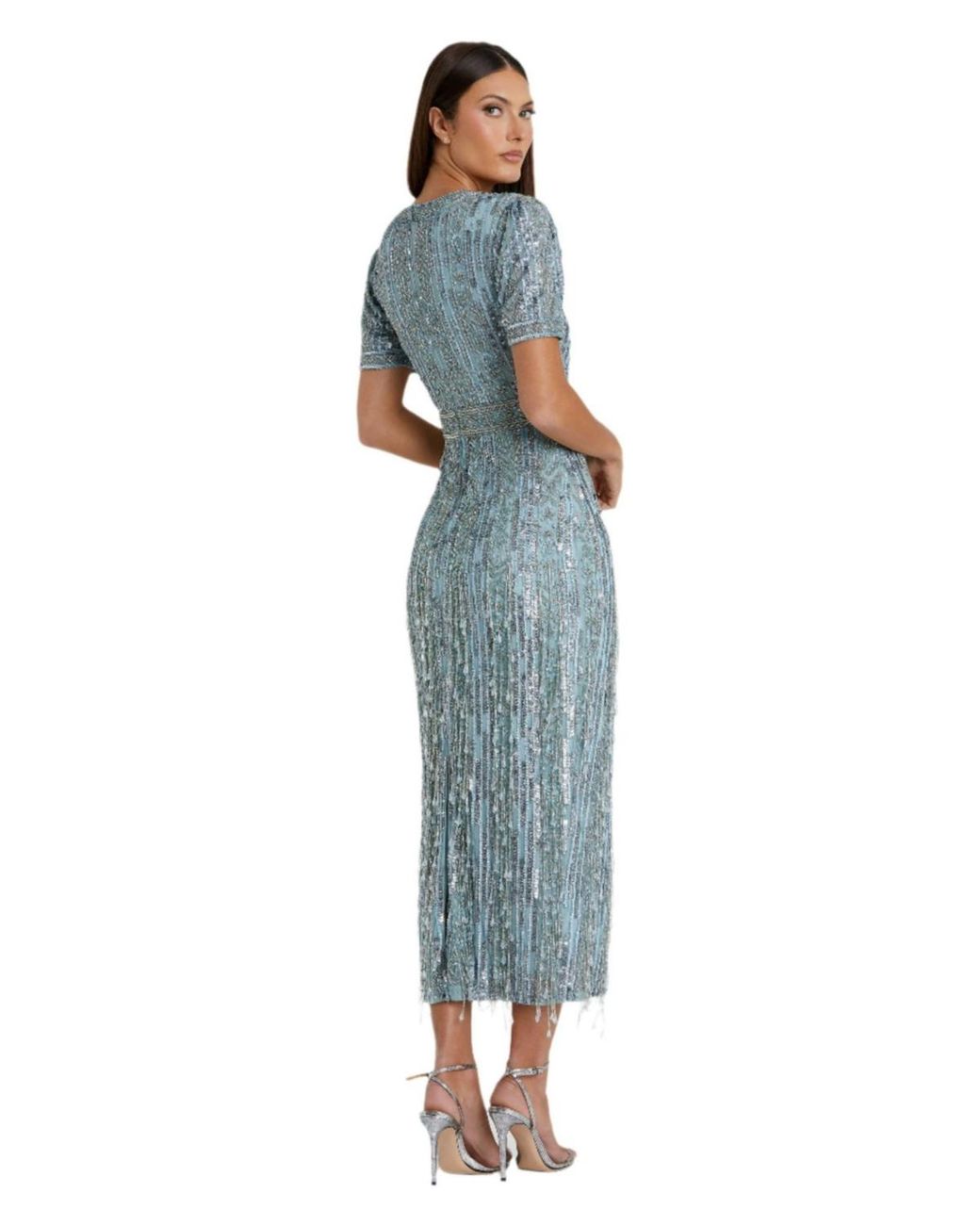 Mac Duggal High Neck Short Sleeve Crystal Fringe Column Dress in Blue | Lyst