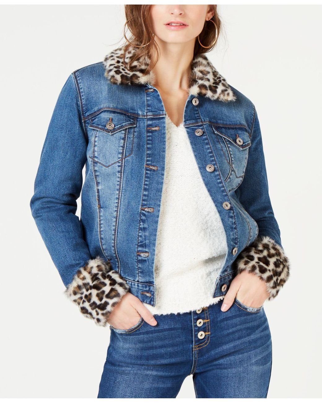 INC International Concepts I.n.c. Leopard-print Faux-fur Trim Denim Jacket,  Created For Macy's in Indigo (Blue) | Lyst