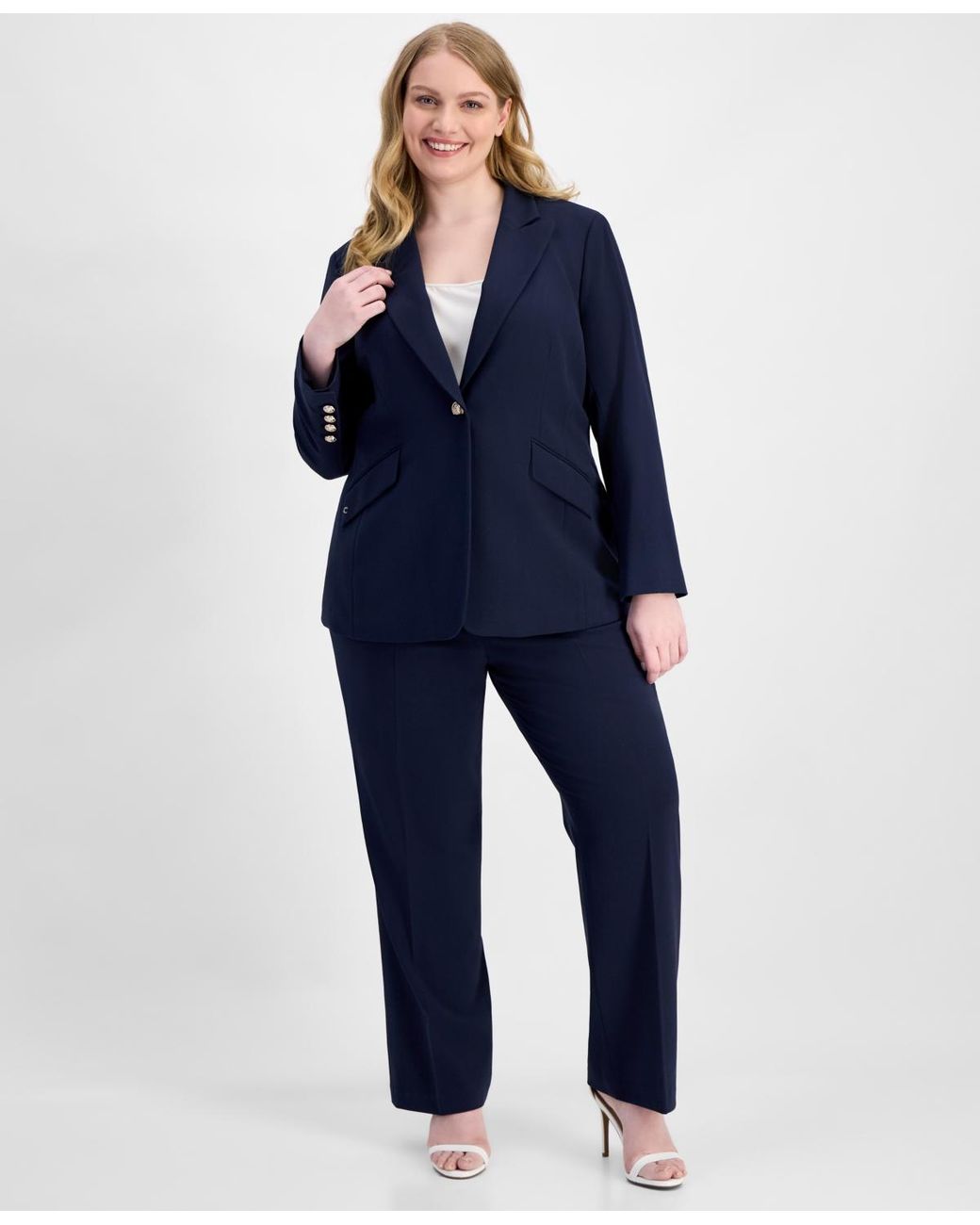 Tahari Blue Asl Plus Size Peak-lapel Single-button Blazer