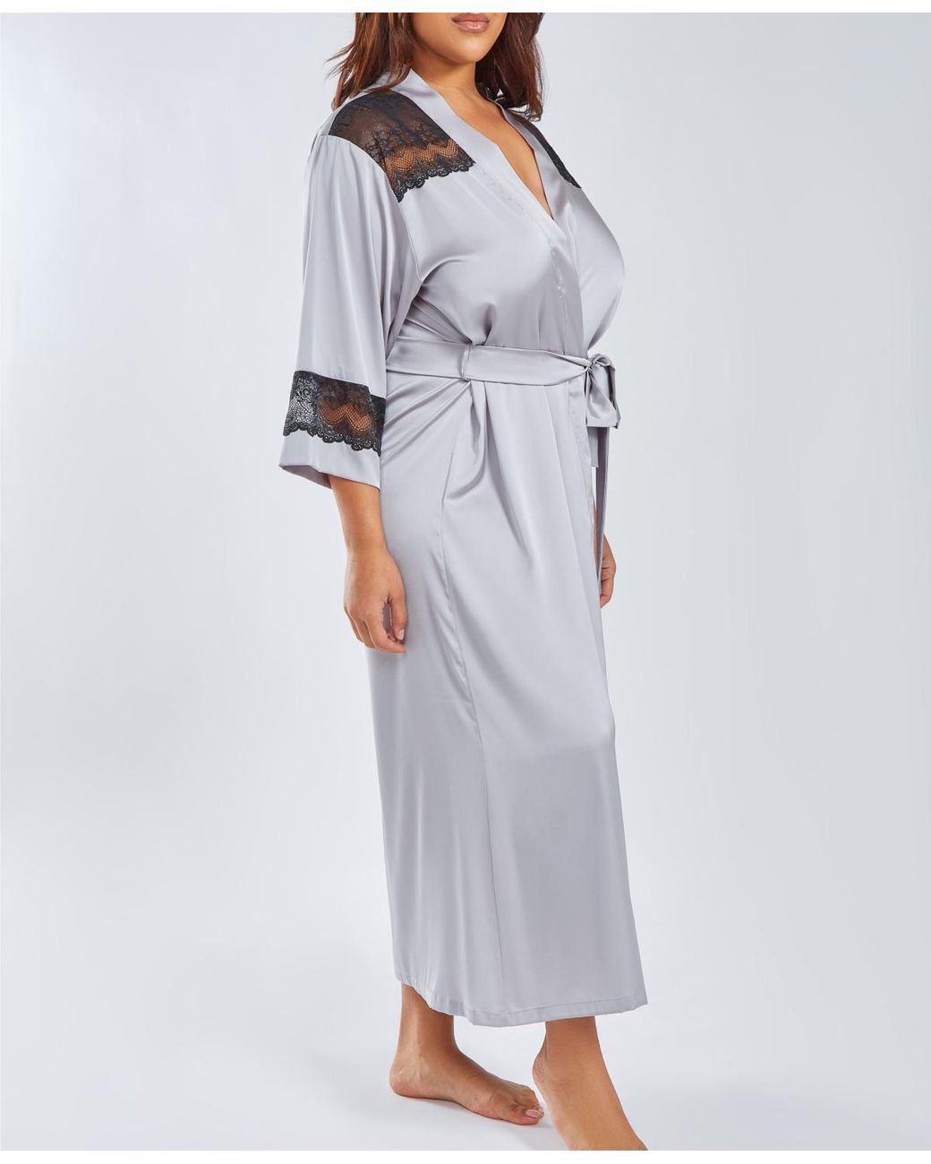 iCollection Plus Size Silky Stretch Satin Long Robe in Gray | Lyst