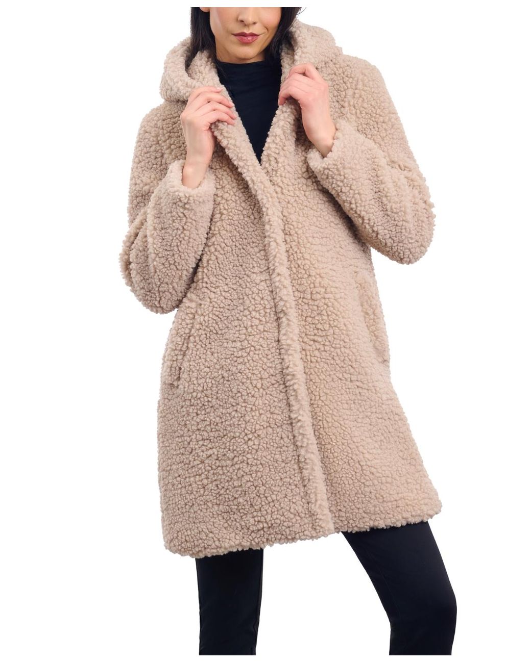 BCBGeneration Hooded Button-front Teddy Coat in Natural | Lyst