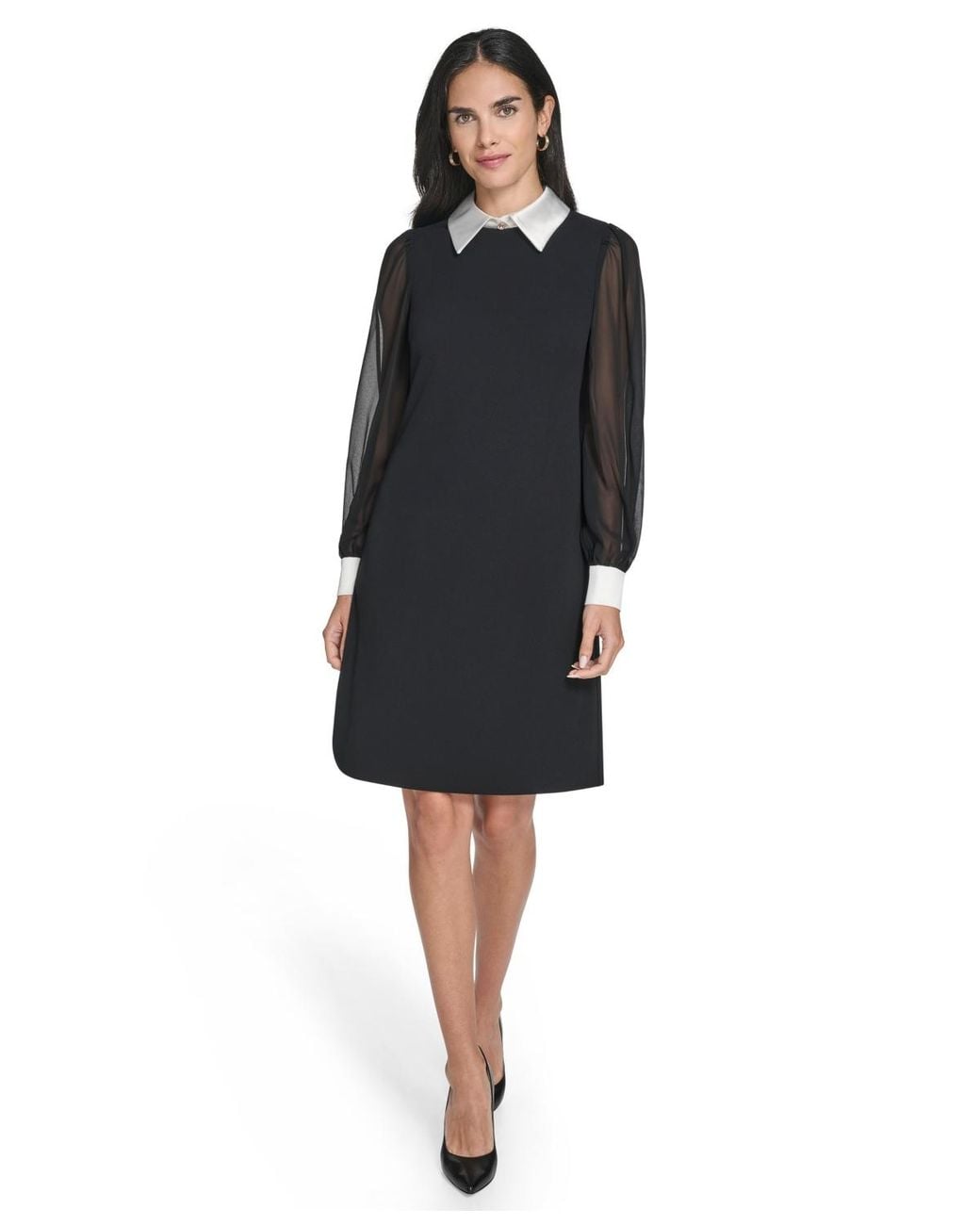 Jessica Howard Petite Bishop Sleeve Shirt Collar Sheath Dress in Black |  Lyst