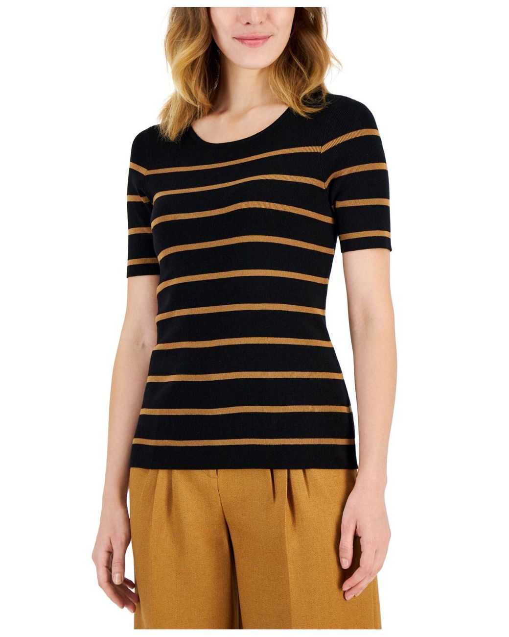 Tahari Striped Round-neck Short-sleeve Sweater Top in Black | Lyst
