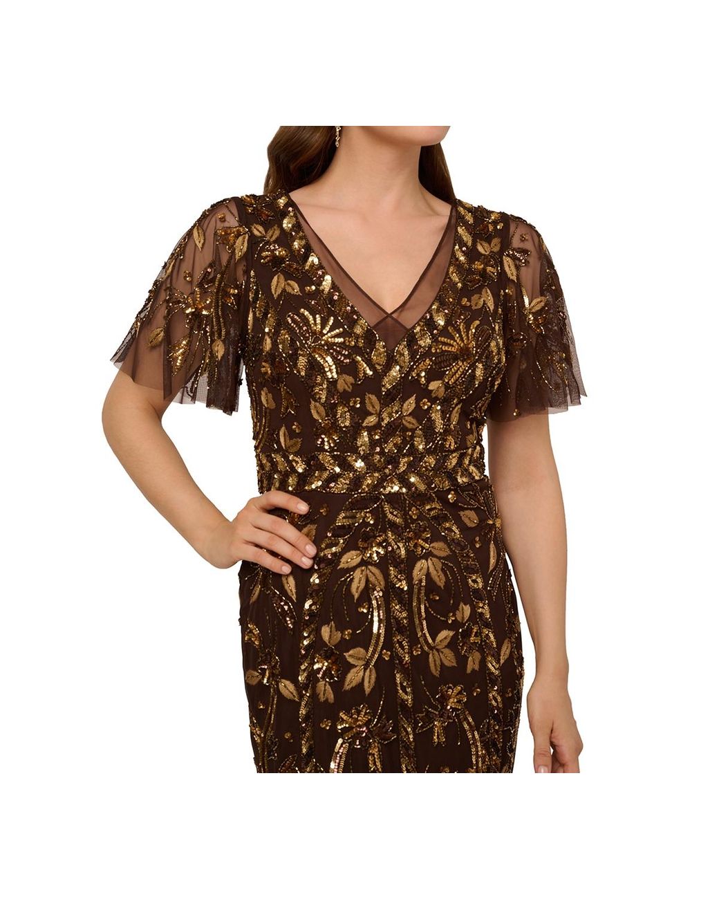 Adrianna Papell V-neck Embellished Flutter-sleeve Dress in Brown | Lyst