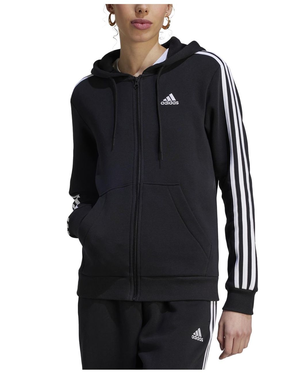 adidas 3-stripe Cotton Fleece Full-zip Hoodie Sweatshirt in Black