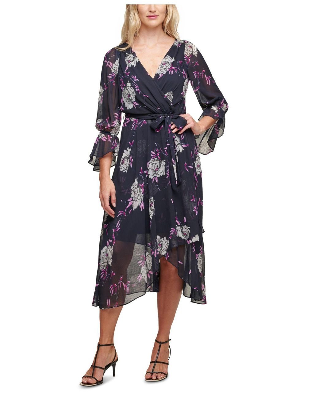 DKNY Synthetic Floral-print Midi Dress in Midnight Combo (Blue) - Lyst