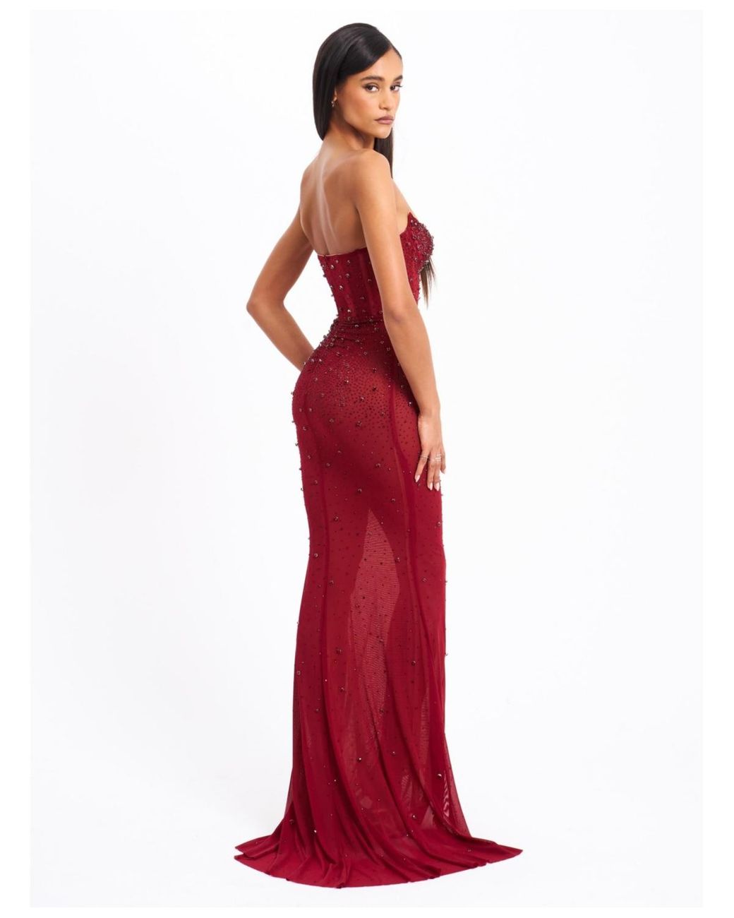 Miss Circle Fatima Burgundy Crystal Sleeveless Corset Mermaid Maxi Dress in  Red | Lyst