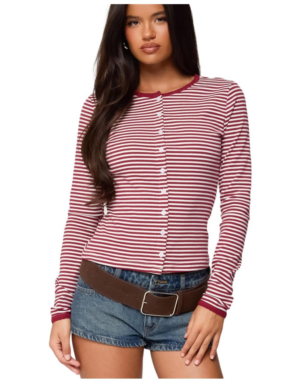 Edikted Red Rayla Striped Button Up Top