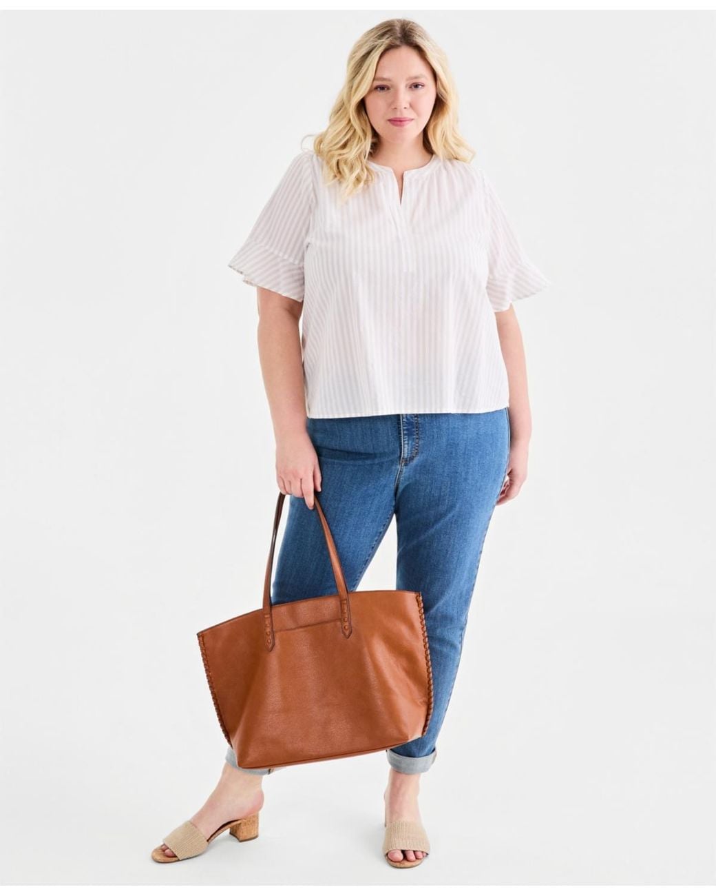 Style & Co. White Plus Size Flared-cuff Split-neck Top