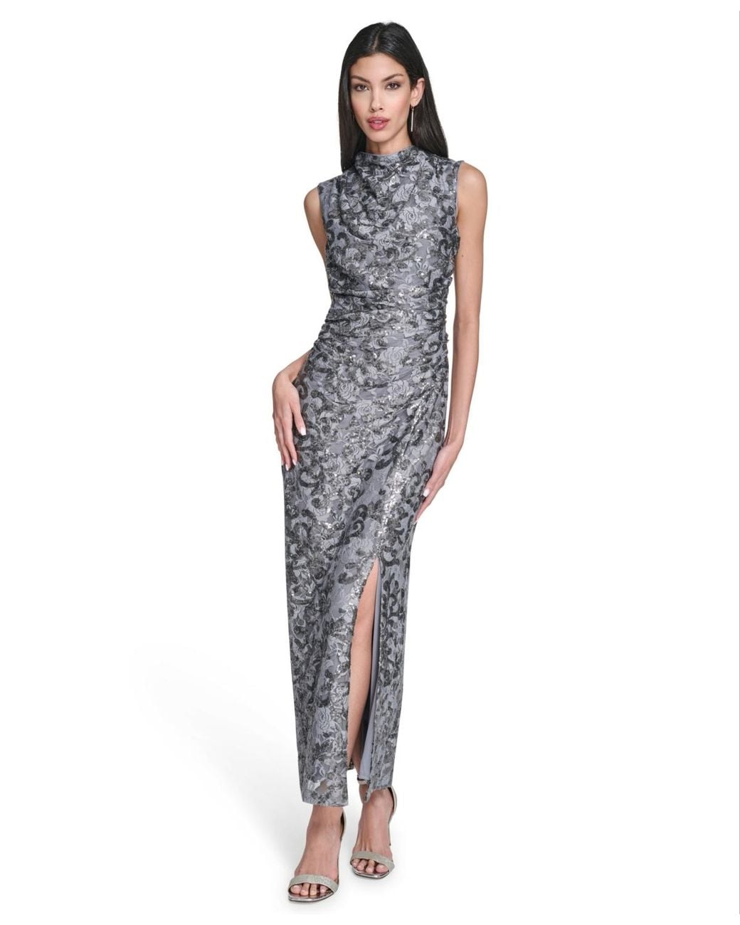 Vince Camuto Sequin Lace Cowl Neck Bodycon Midi Dress in Blue | Lyst