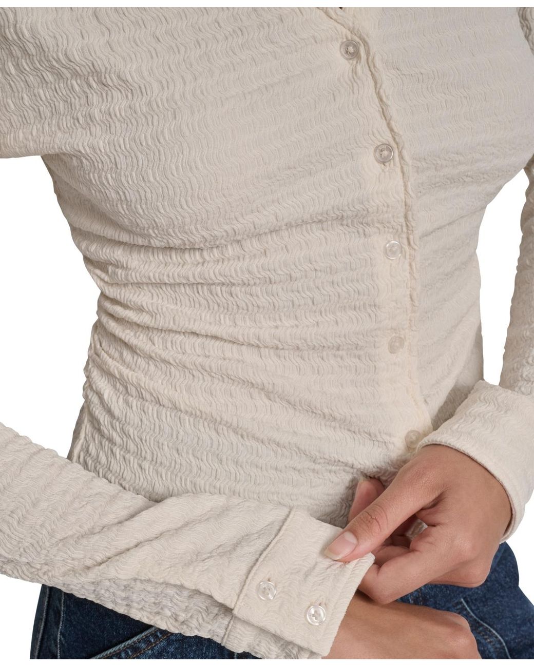 DKNY Natural Textured Collared Button-front Top