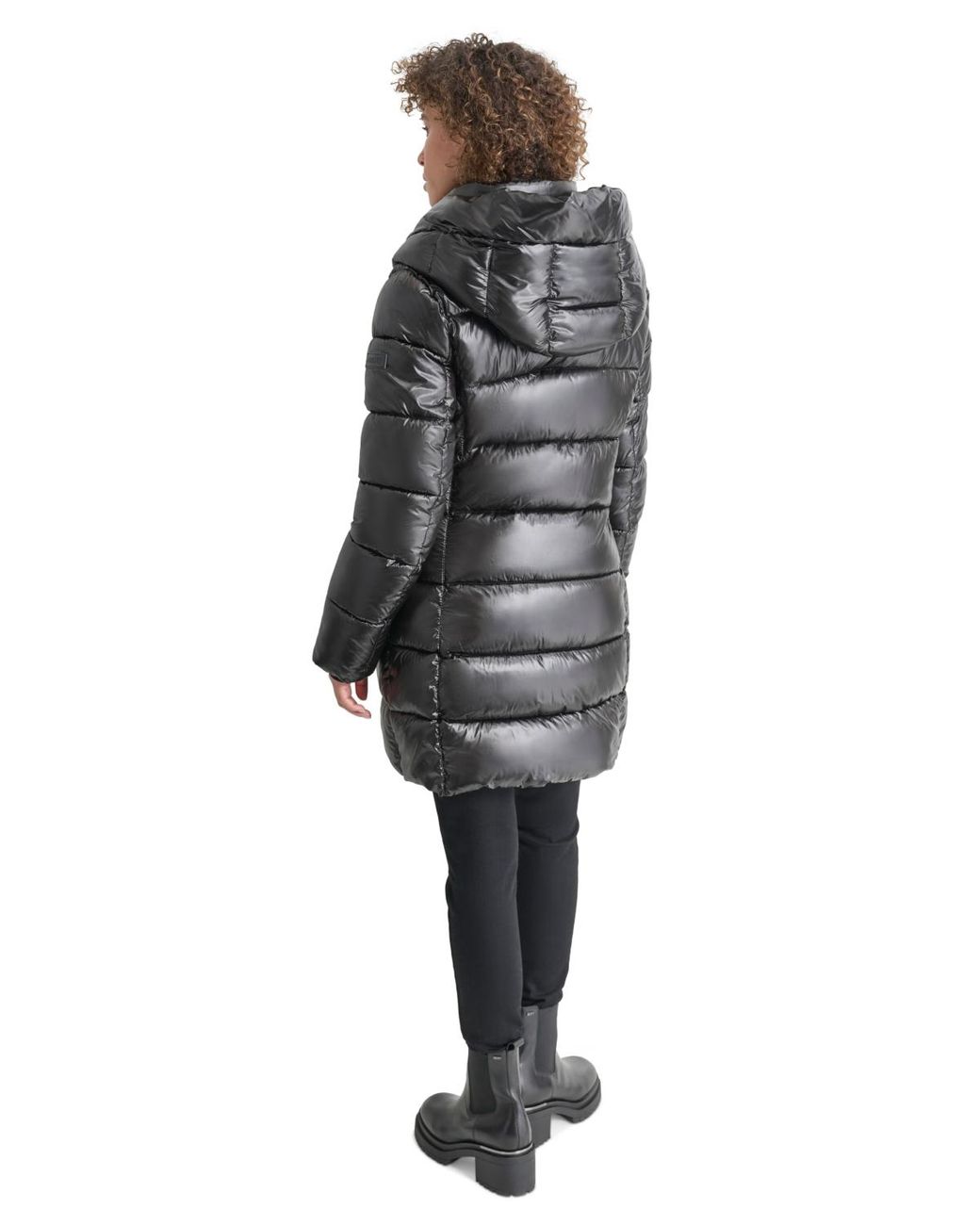 DKNY Bibbed Shawl-collar Packable Shine Puffer Coat in Black