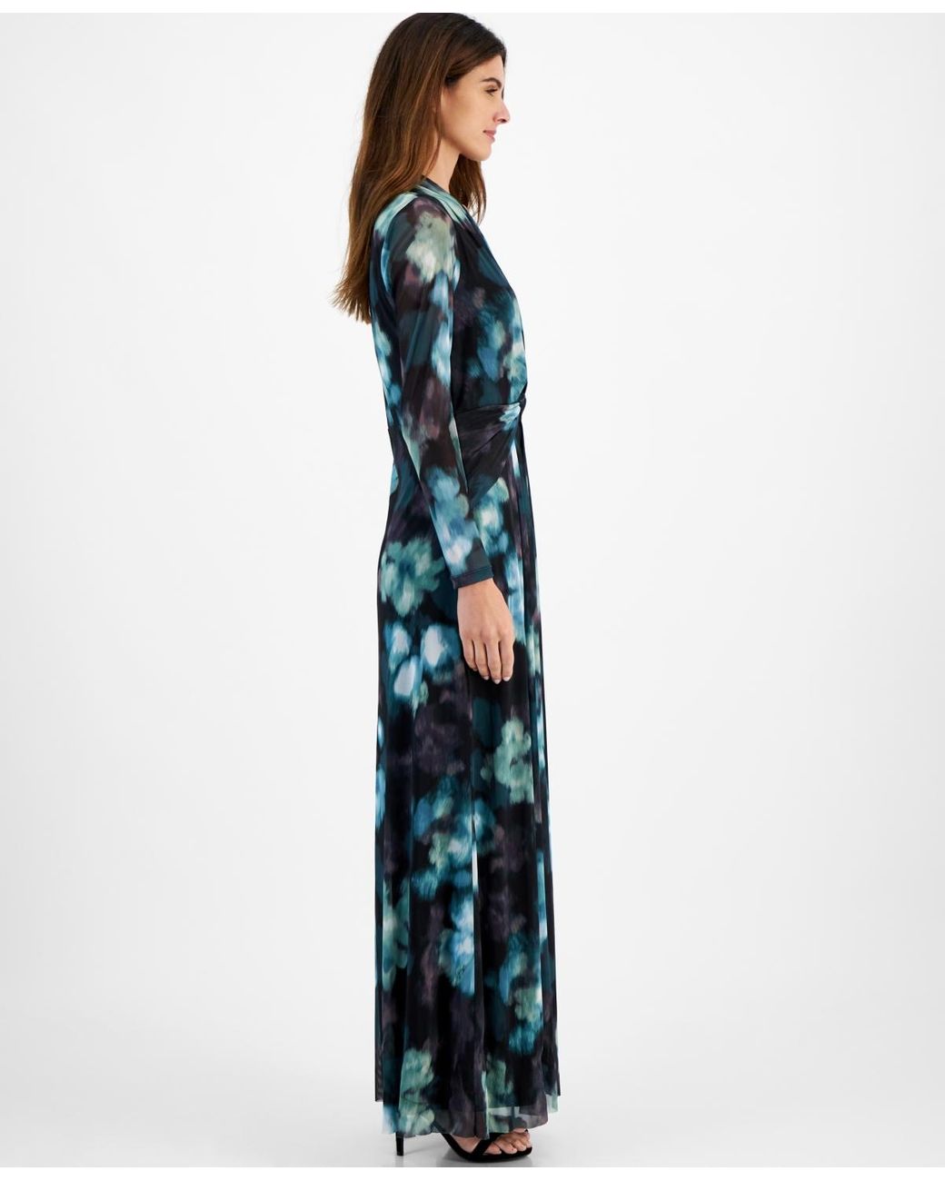anne klein women's printed twist-front long-sleeve maxi dress Anne Klein Women's Twist-Front Long-Sleeve Mesh Maxi Dress - Molasses Multi