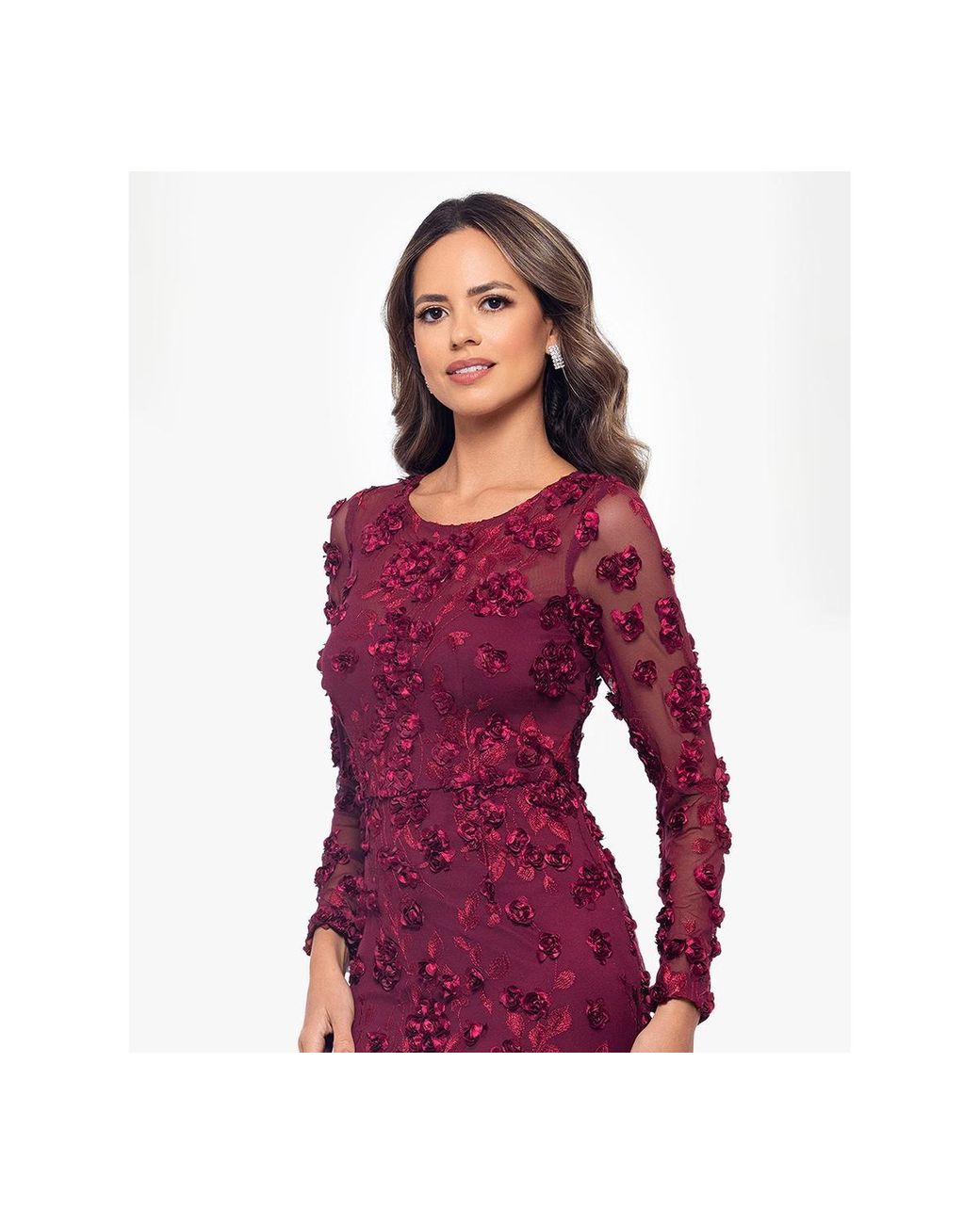Xscape Long Sleeve Rose Flower Dress in Red | Lyst