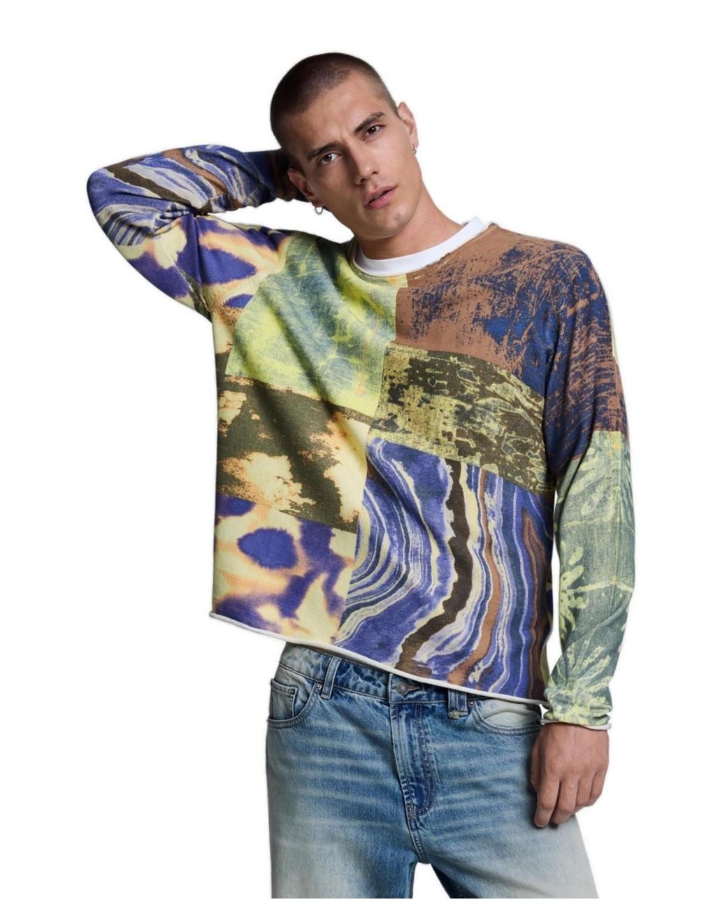 Desigual Blue Patchwork Print Loose Crew Neck Sweater for men