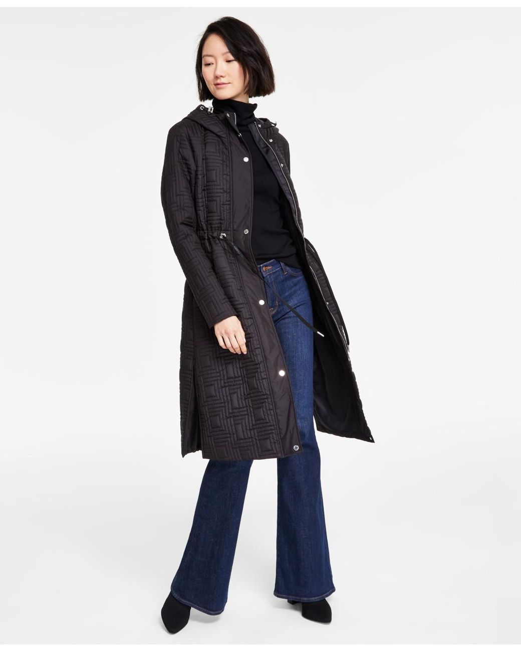 KARL LAGERFELD Hooded Quilted Anorak Coat in Black | Lyst