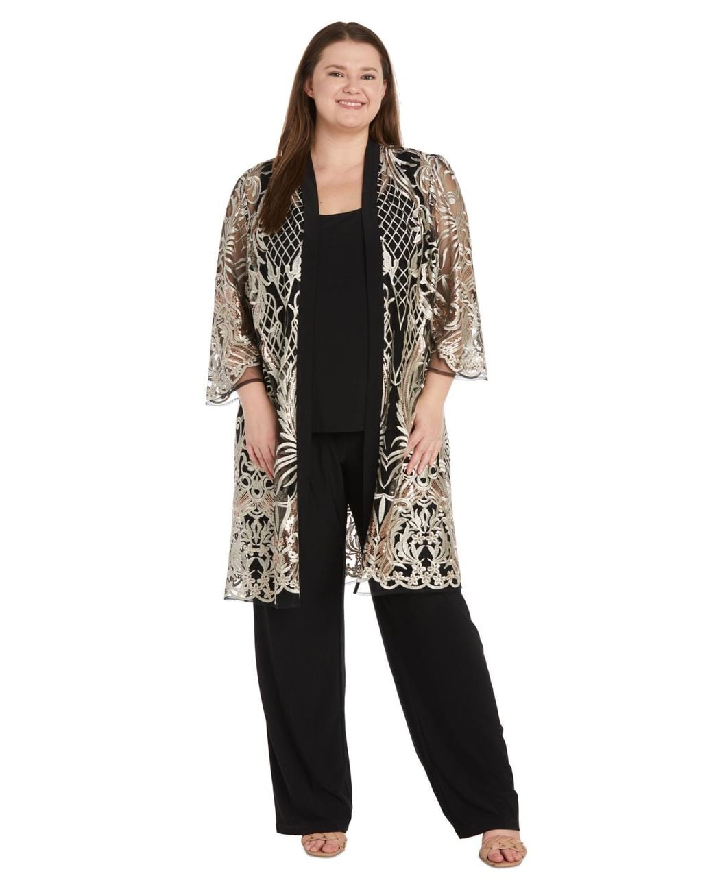R & M Richards Black Plus Size Embroidered Duster Jacket