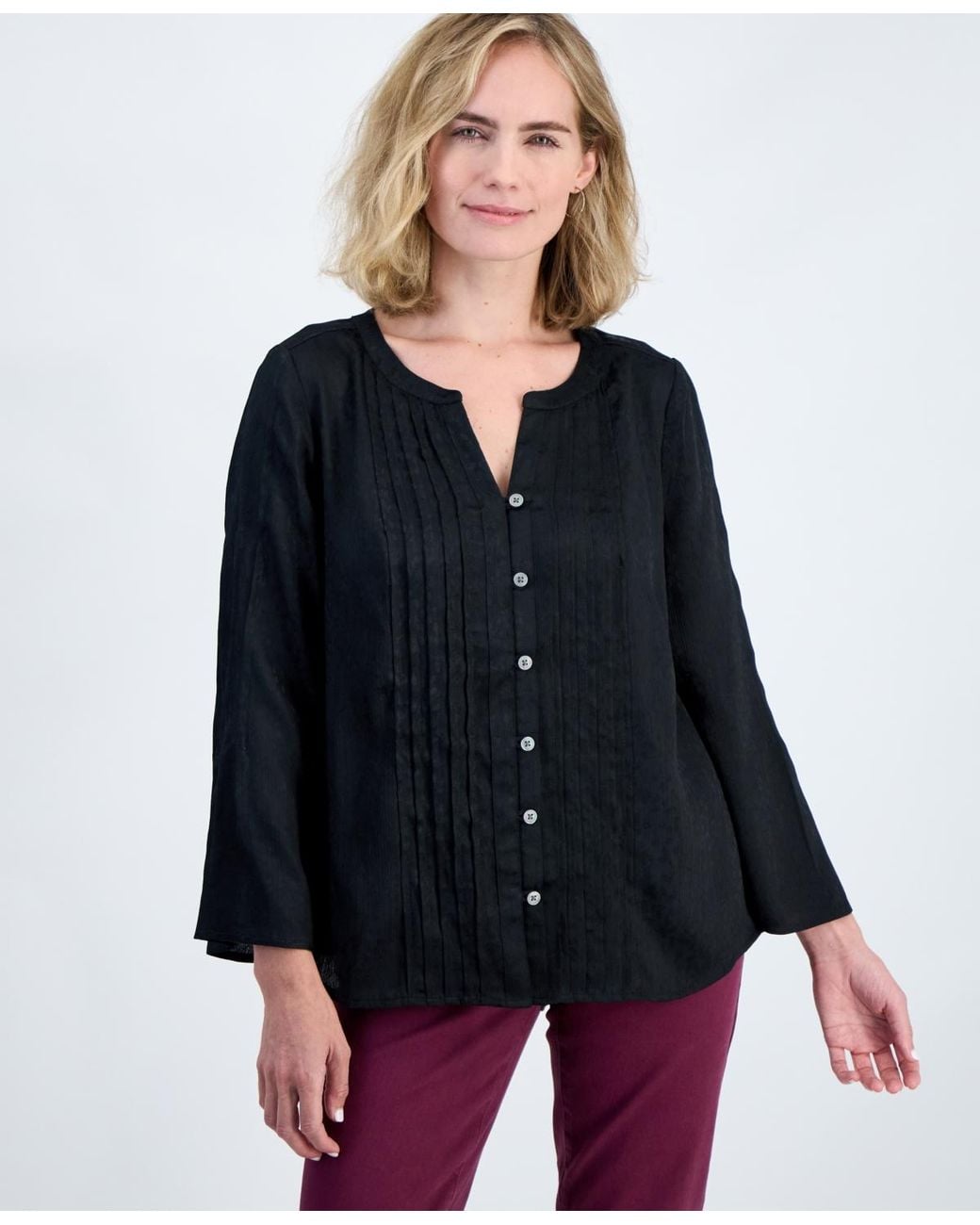 Style & Co. Blue Petite Satin Bell-sleeve Pintuck Blouse