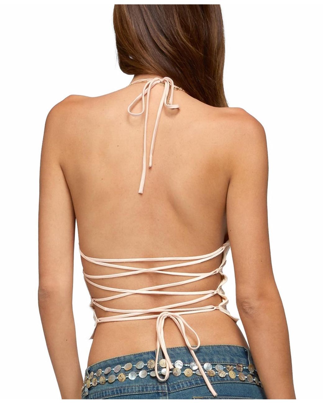 Edikted Pink Catia Backless Sequin Mesh Halter Top