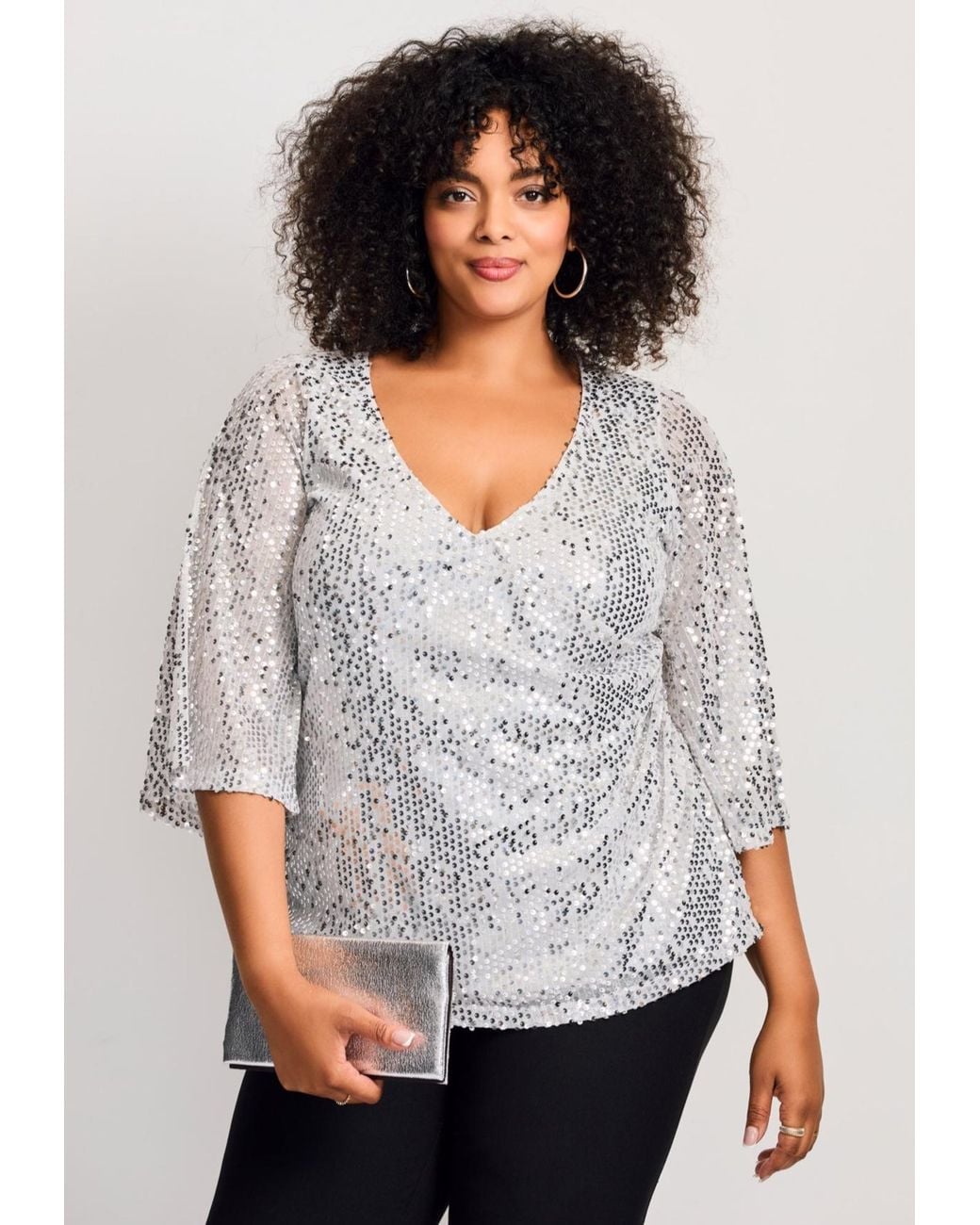 Avenue Gray Plus Size Faux Wrap Sequin Top