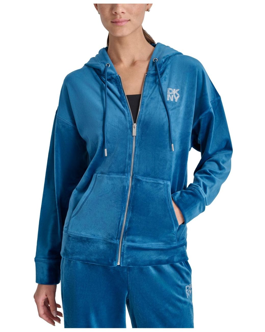 DKNY Velour Rhinestone logo Zip front Hoodie in Blue Lyst