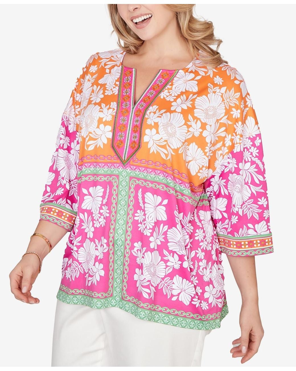 Ruby Rd Pink Plus Size Embroidered Placket Patchwork Knit Top