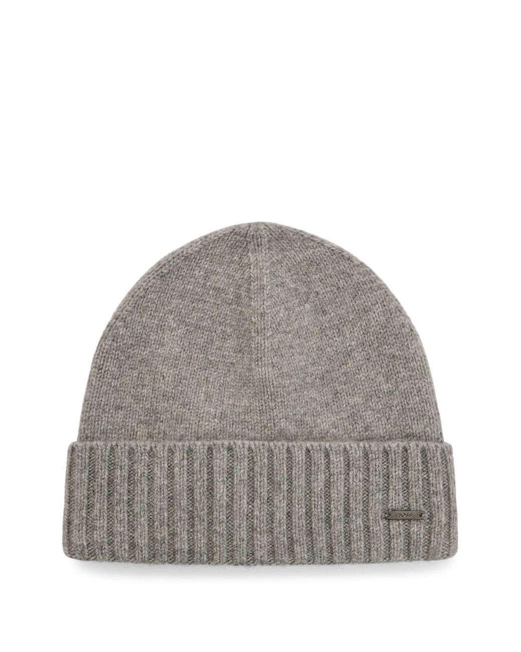 zadel Ritueel bout BOSS by HUGO BOSS Metal Logo Plate And Ribbed Cuff Cashmere Beanie Hat in  Gray for Men | Lyst