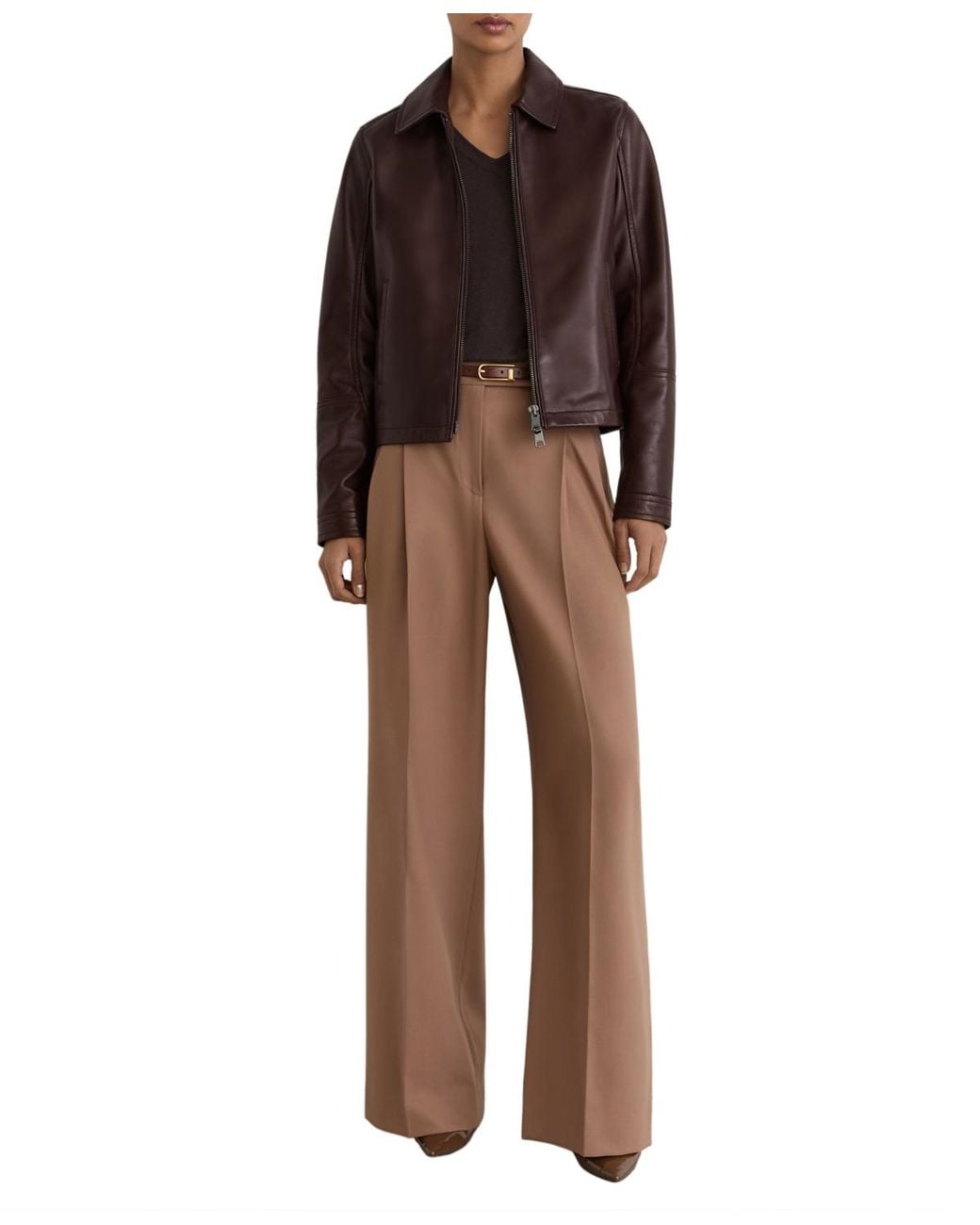 Reiss Brown Leather Zip-through Moto Jacket
