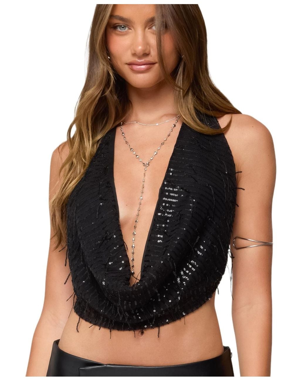 Edikted Black Fringed Sequin Backless Halter Top
