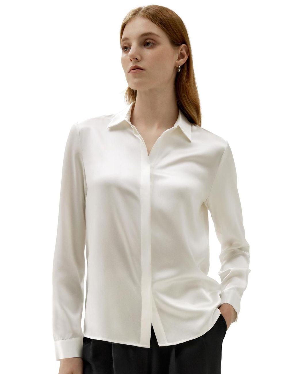 LILYSILK White Basic Concealed Placket Silk Shirt