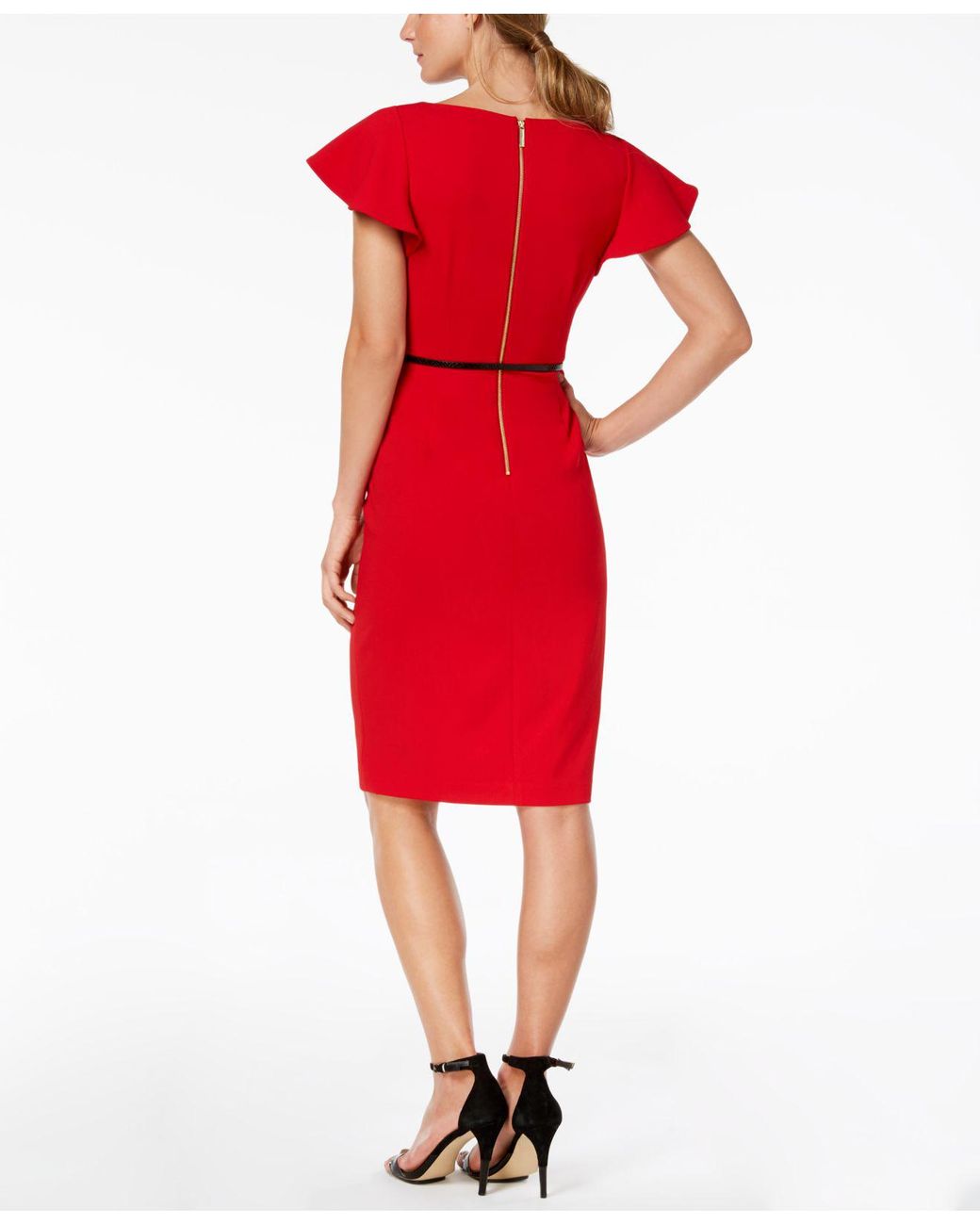 Calvin Klein Belted Ruffle-sleeve Sheath Dress in Red | Lyst